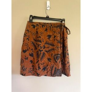 Limited America Vintage 100% Silk Batik Print Wrap Mini Skirt Rust Orange Small